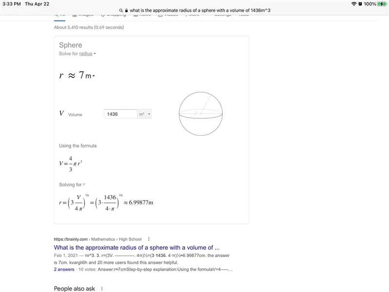 What is the approximate radius of a sphere with a volume of 1436m^3-example-1