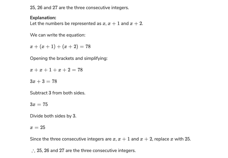 The sum of three consecutive numbers is 78. Find the numbers​-example-1