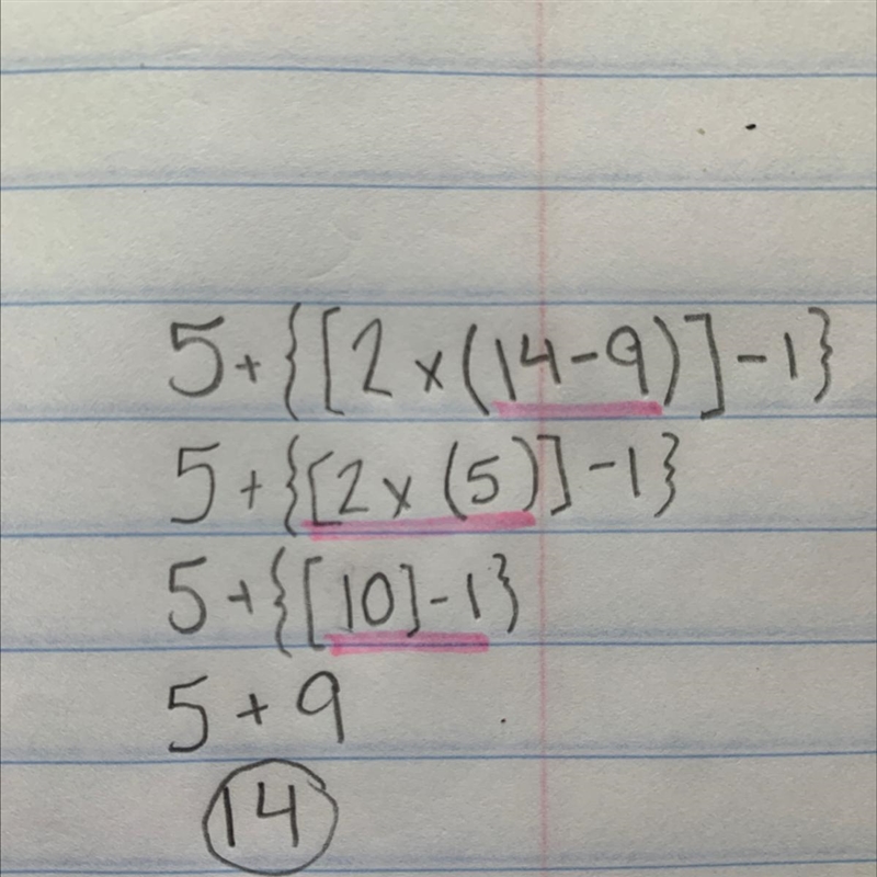 5 + {[2 × (14 − 9)] − 1}-example-1