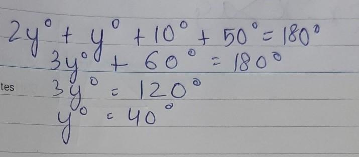 What is the value of y? 2y° y +10° 50° A. 400 B. 60° C. 500 D. 30°-example-1