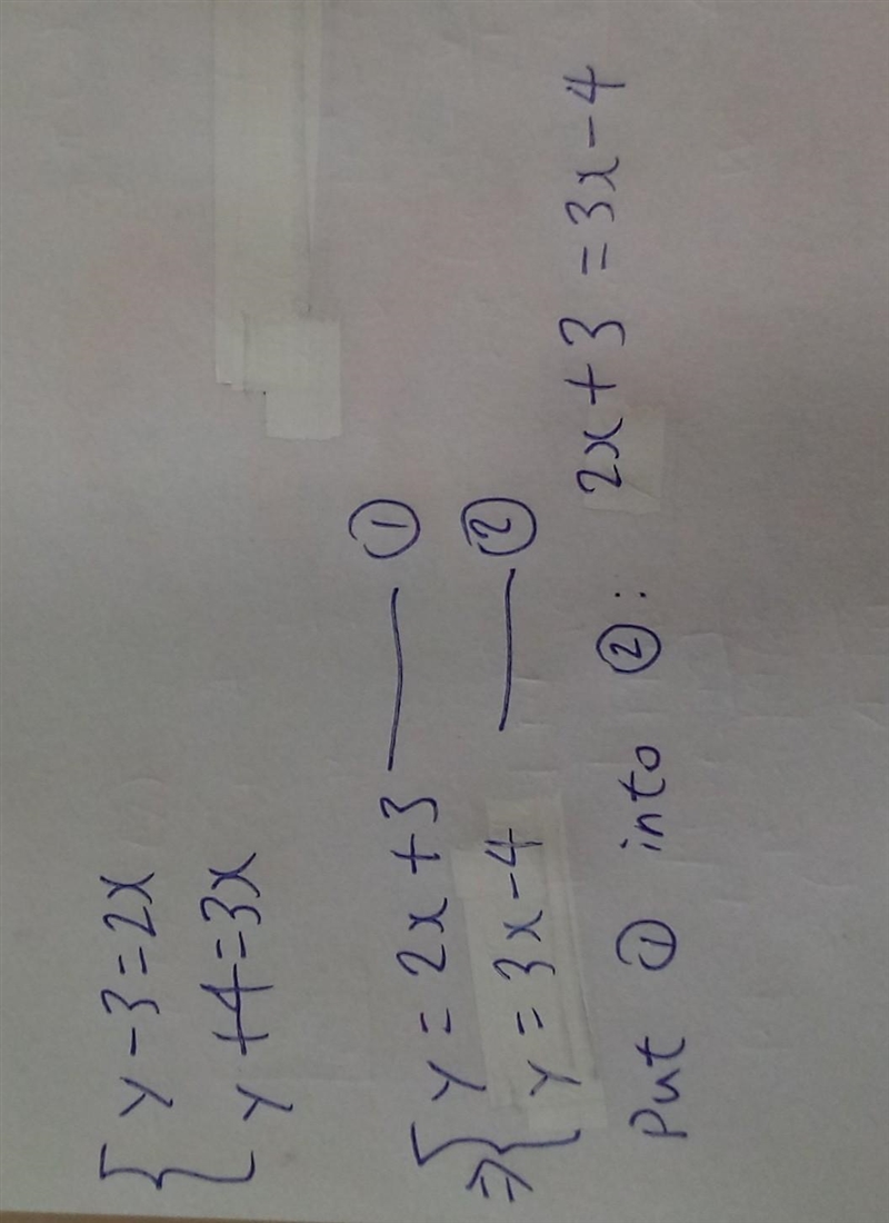 Need help ASAP please!!! y - 3 = 2x y + 4 = 3x If you use the comparison method to-example-1