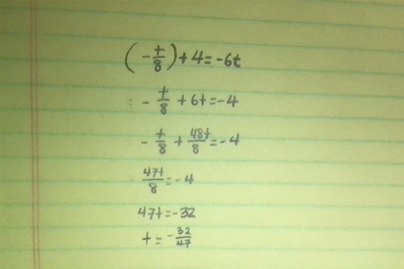 Solve: (t/-8) - -4 = -6 t = _____-example-1