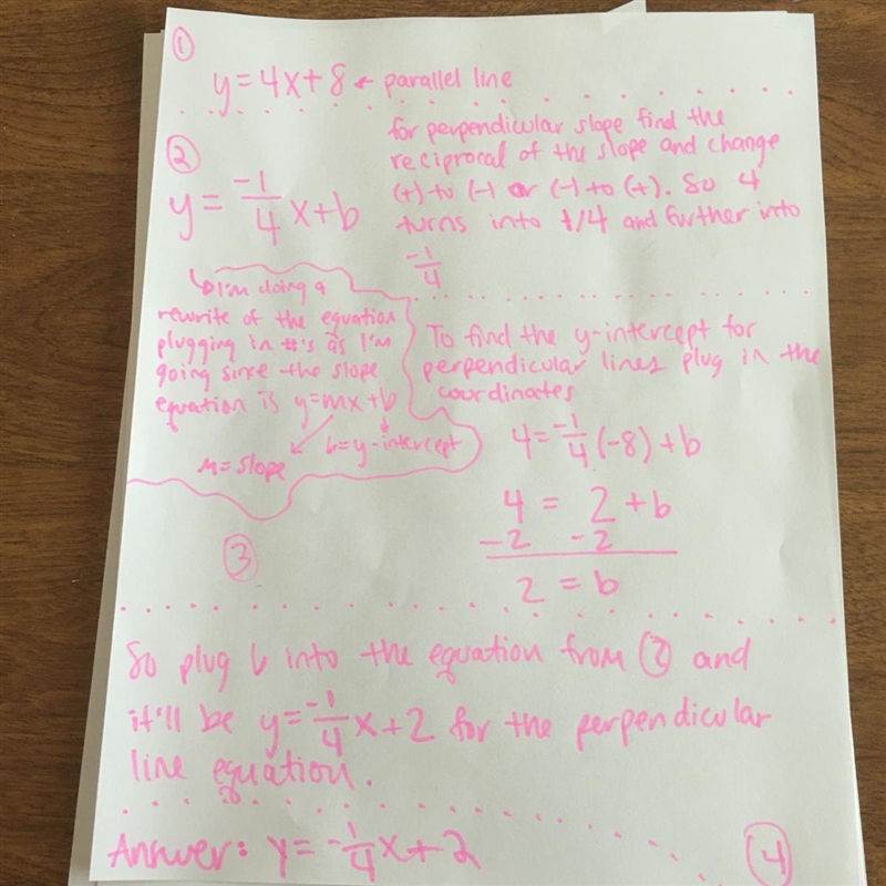 Perpendicular to the line y=4x+8 and contains the point (-8,4) in standard form.-example-1