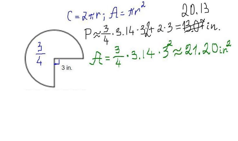 Find the Perimeter & Area for the following circle. use 3.14 for Pi Round to the-example-1