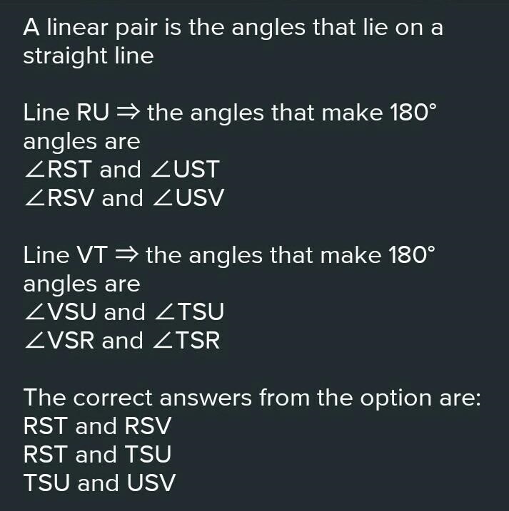 2 lines intersect. A line with points R, S, U intersects a line with points V, S, T-example-2