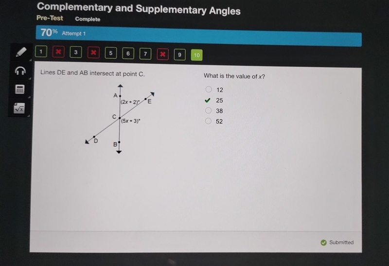 Lines DE and AB intersect at point What is the value of x?C. O 12 25 А. |(2x + 2)E-example-1