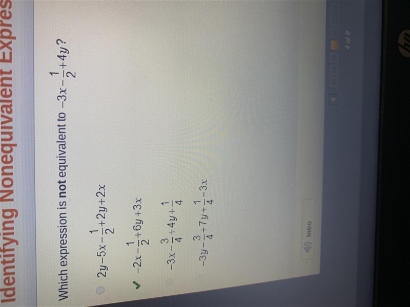 Which expression is not equivalent to -3x - 1/2 + 4y?-example-1