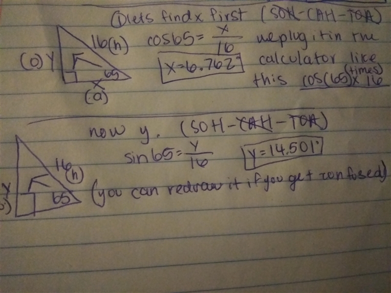 Find x. Hypotenuse would be 16 and opposite would be y and x would be adjacent-example-1