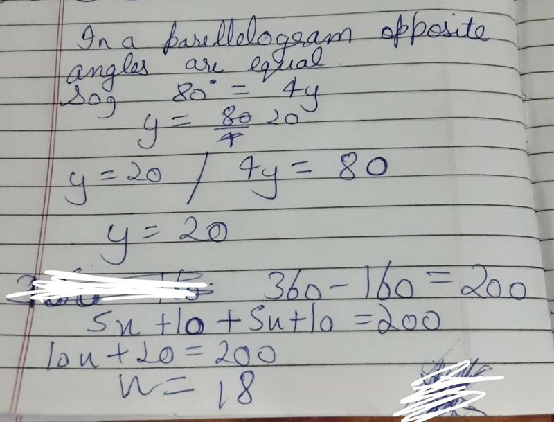 Find the indicated values of the parallelogram 4yº 80° (5x + 10) y= Pweese help I-example-1