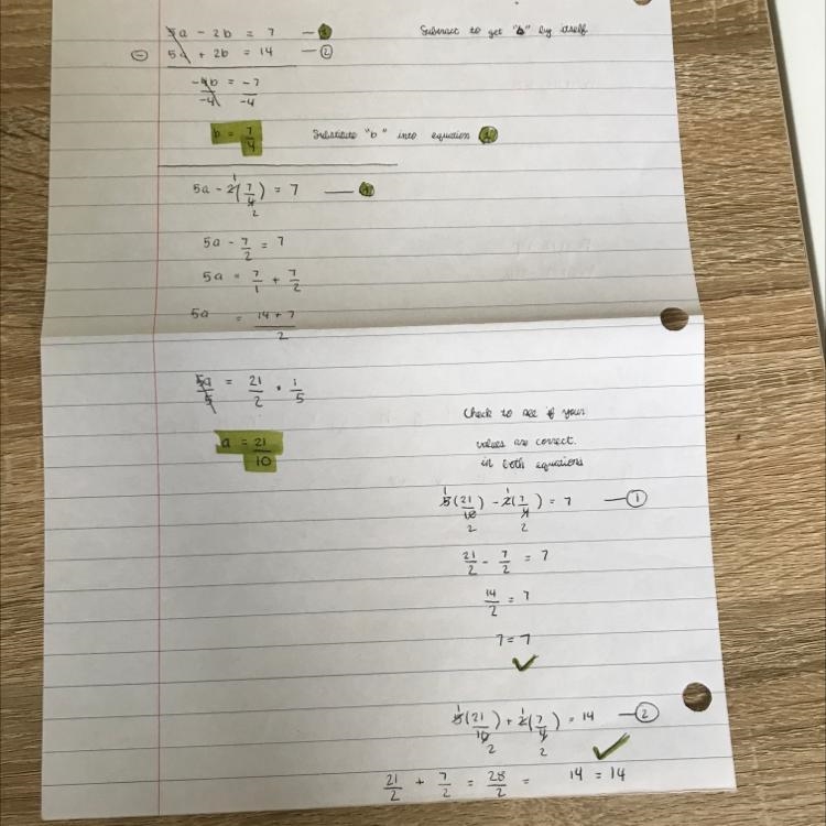 It's urgent!!! Solve 5a - 2b =7 and 5a + 2b =14 simultaneously​-example-1