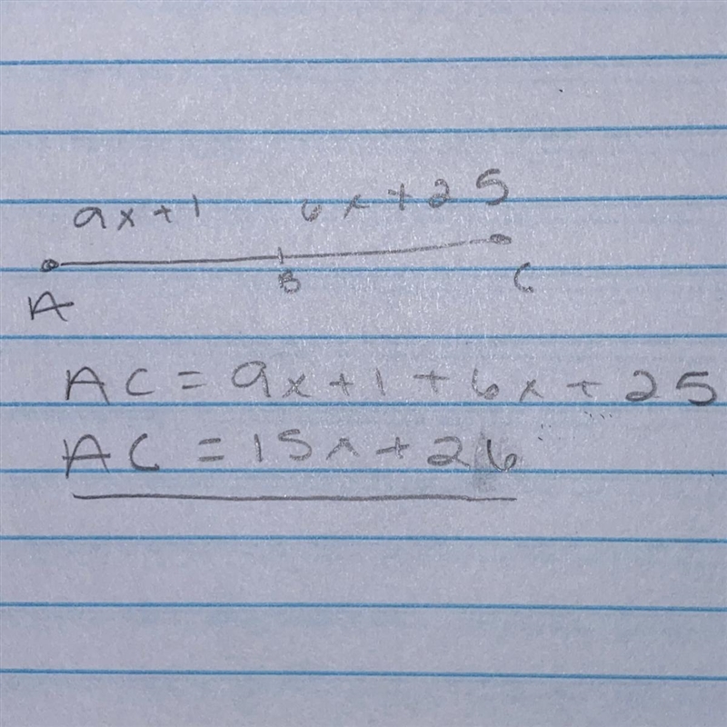 B is the midpoint of AC А B C If: AB=9x + 1 and BC = 6x + 25 Find AC. AC =-example-1