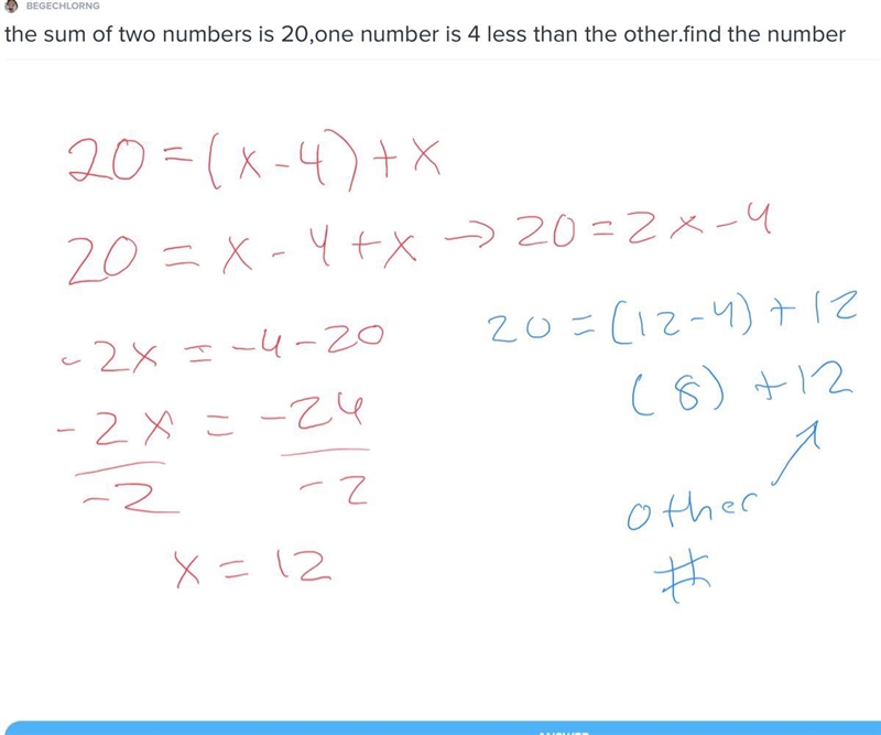 The sum of two numbers is 20,one number is 4 less than the other.find the number-example-1