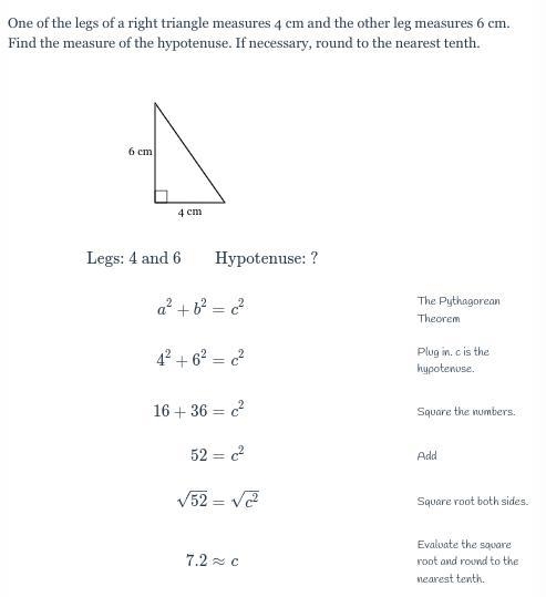 One of the legs of a right triangle measures 6 cm and the other leg measures 4 cm-example-1