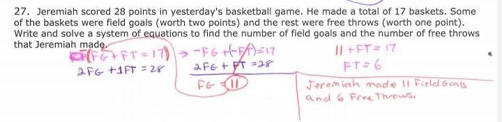 Jeremiah scored 28 points in yesterday's basketball game. He made a total of 17 baskets-example-1