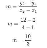 A What is the slope of a line that passes through the points (1, 2) & (4, 12​-example-1