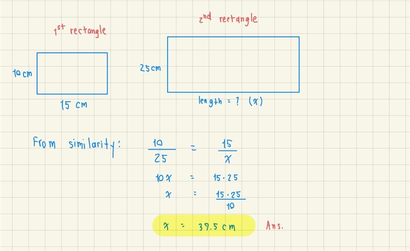 two rectangles are similar. the first rectangle has a length of 15 cm and a width-example-1