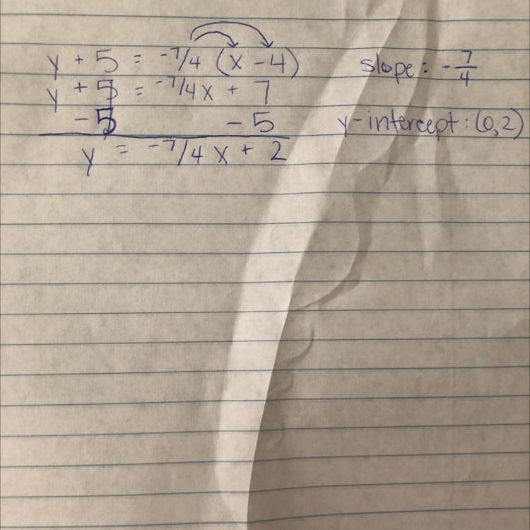 What is the point-slope of y+5=-7/4(x-4)-example-1