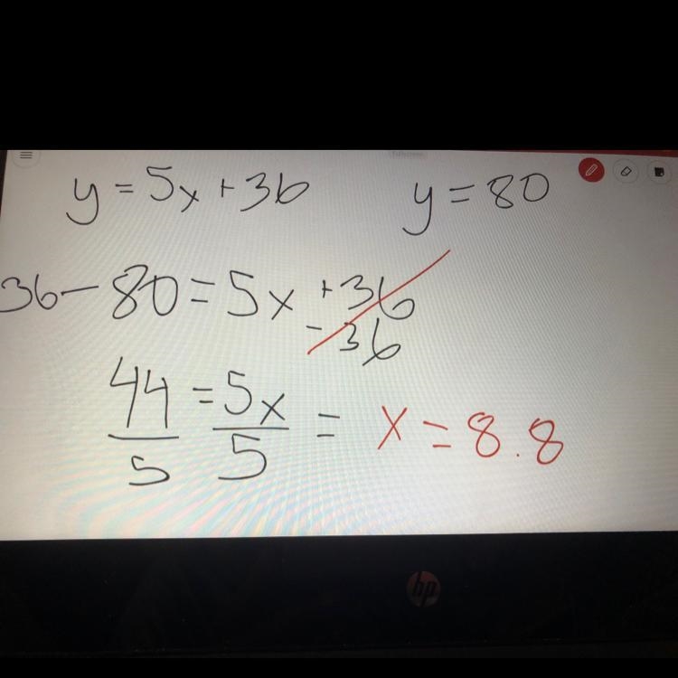 Use y = 5x + 36 to find the value of x when y = 80.-example-1