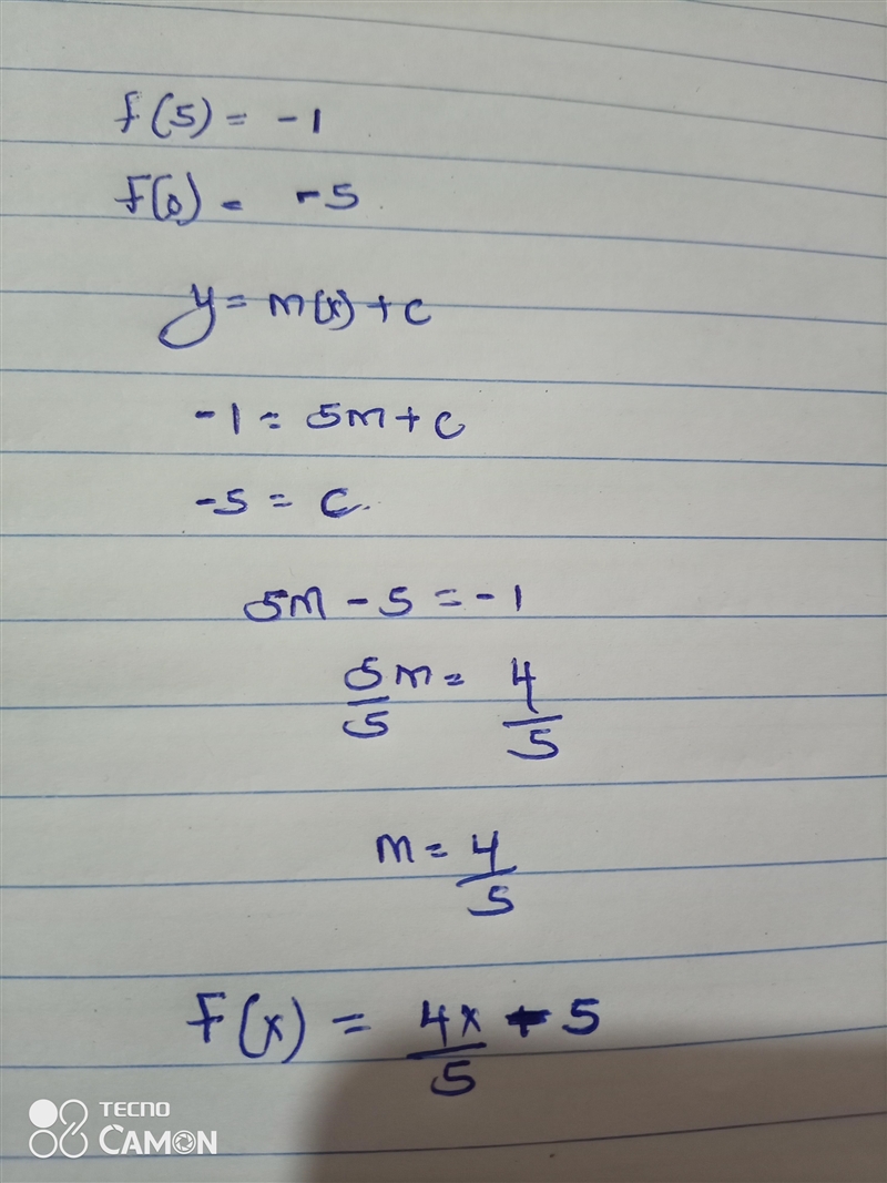 Write a linear function f with f(5)=-1 and f(0)=-5-example-1