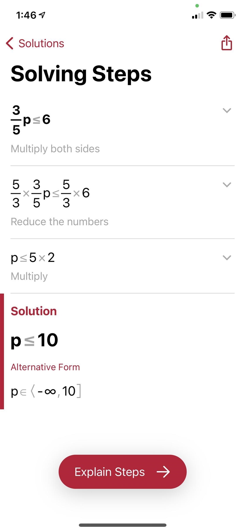 Solving inequalities 3/5 * p ≤ 6-example-1