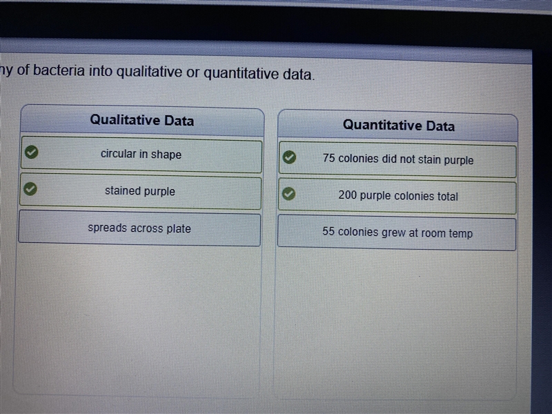 30 POINTS! sort the data collected about a colony of bacteria into qualitative or-example-1