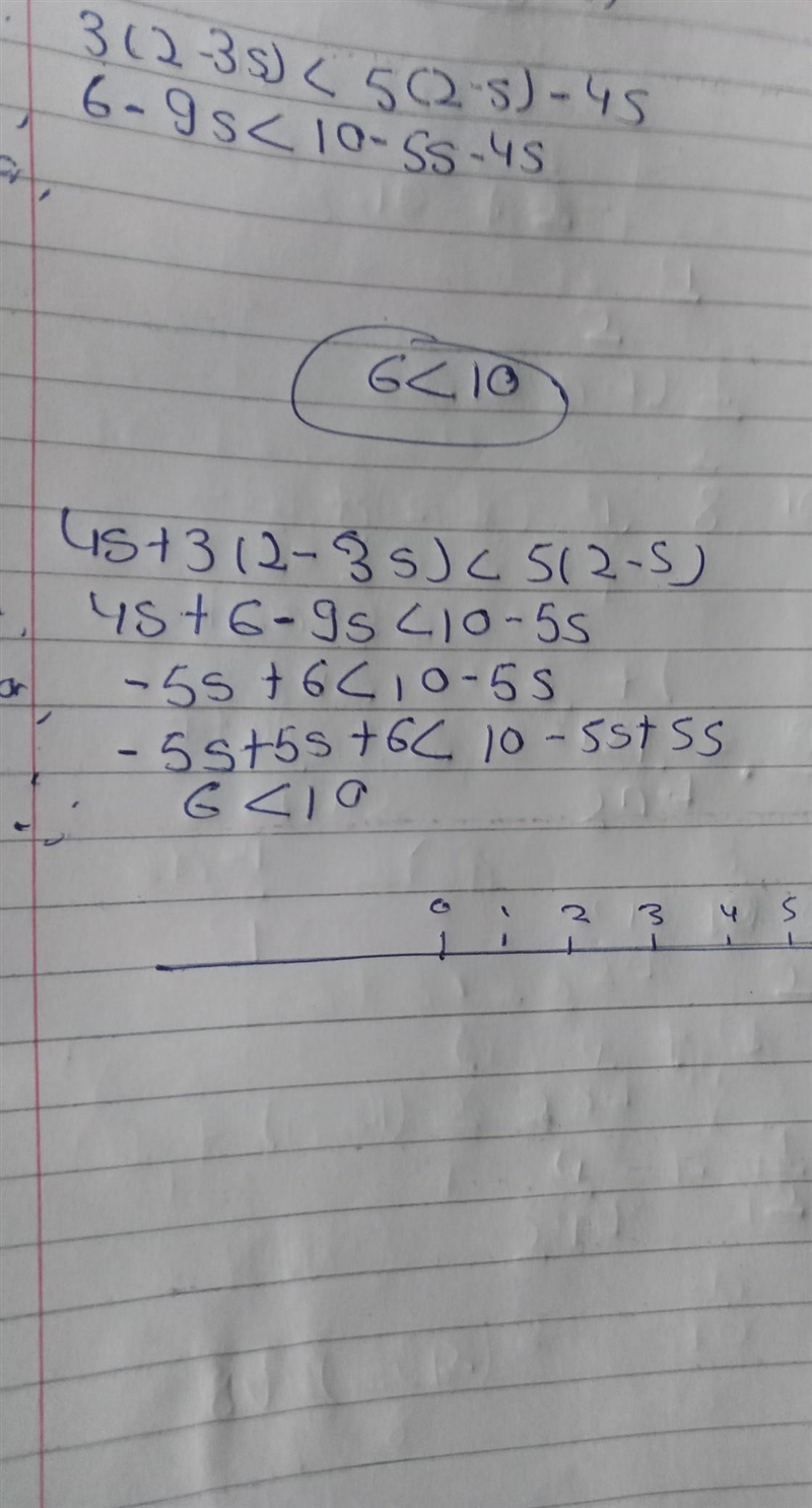 Solve 4s + 3(2-3s) < 5(2-s)​-example-1