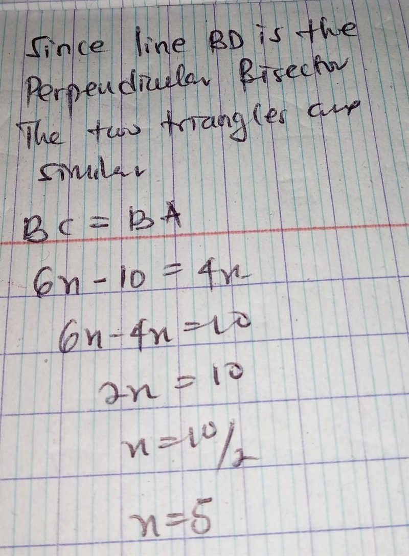 Given that BD is the perpendicular bisector of AC , set up the equation needed to-example-1