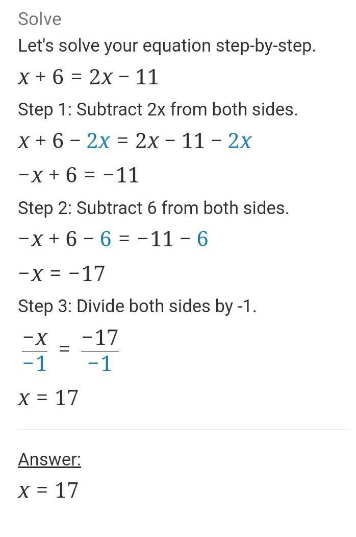 X + 6= 2x − 11 .........-example-1