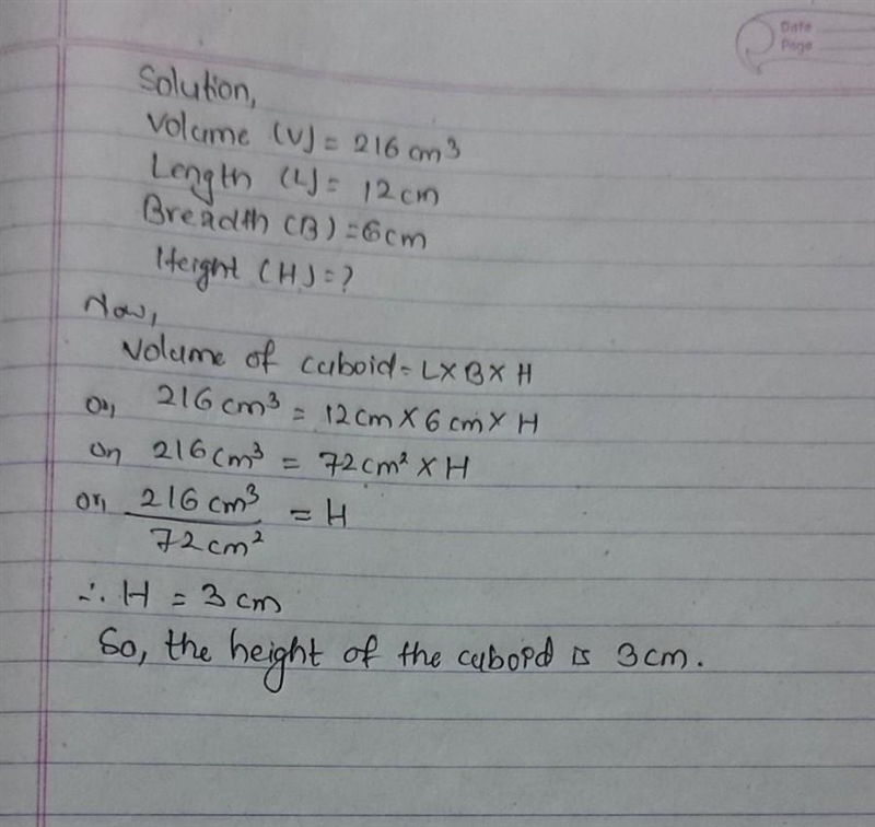 If a block has a volume of 216 cm³ in length and width of sides respectively 12 cm-example-1