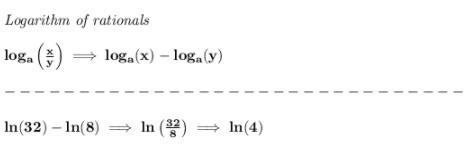 Express ln 32-ln 8 as a single logarithm-example-1