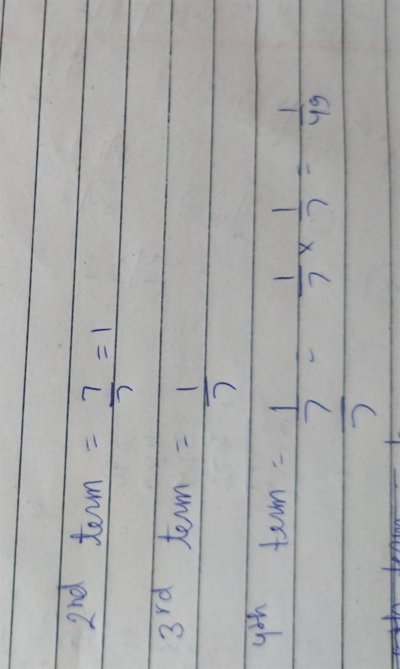 Find the missing terms in each geometric sequence. 7,1,__,__,1/343,-example-1