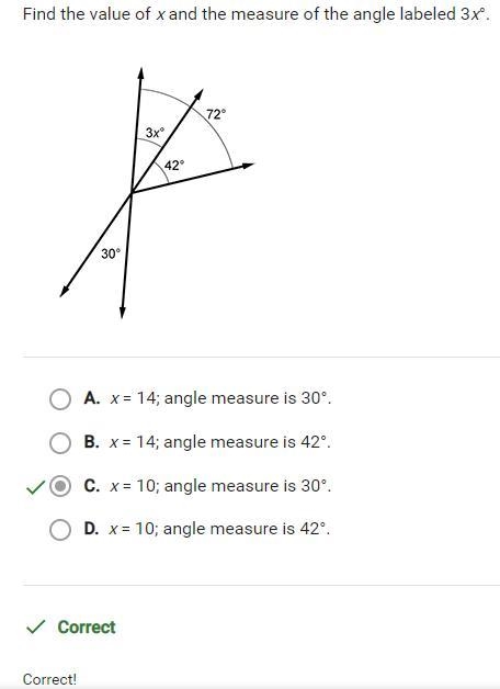 Find the value of x and the measure of the angle labeled 3x°. A. X= 14; angle measure-example-1