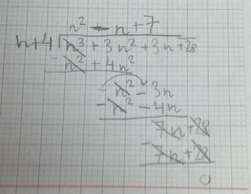 How to solve (n^(3)+3n^(2)+3n+28)-:(n+4) in long polynomial division?-example-1