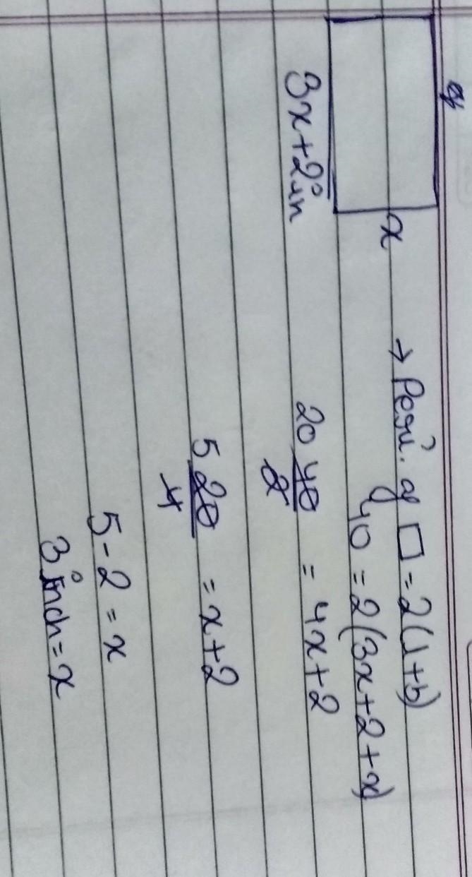 The perimeter of rectangle is 40 inches the length is 2 inches more than three times-example-1