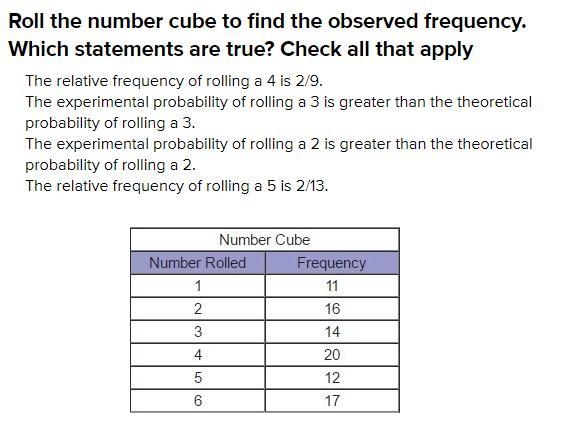 Roll the number cube to find the observed frequency. Which statements are true? Check-example-1