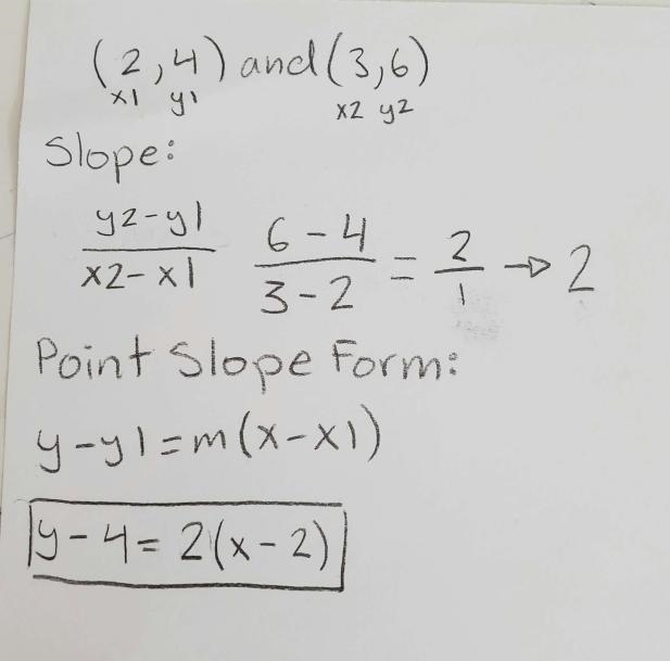 Write an equation of the line in point slope form (2, 4) and (3,6)​-example-1