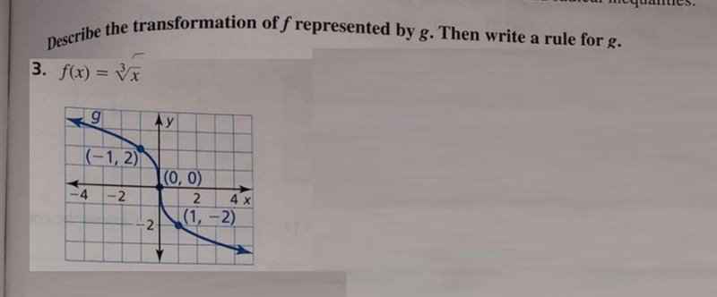 The transformation of 'f' is represented by 'g'. Write a rule for g. f(x)=\root(3)(x-example-1