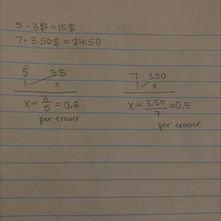 Which is the better buy 5 erasers for $3.00 or 7 erasers for $3.50-example-1