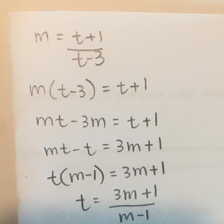 Q5. Make t the subject of the formula t +1 m = t-3 can someone help please-example-1