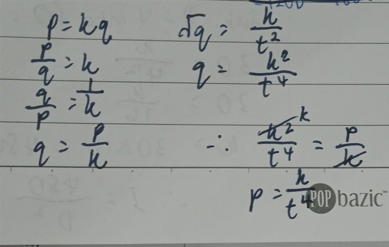 Given that p varies directly as q and √(q) varies inversely with t², show how p varies-example-1