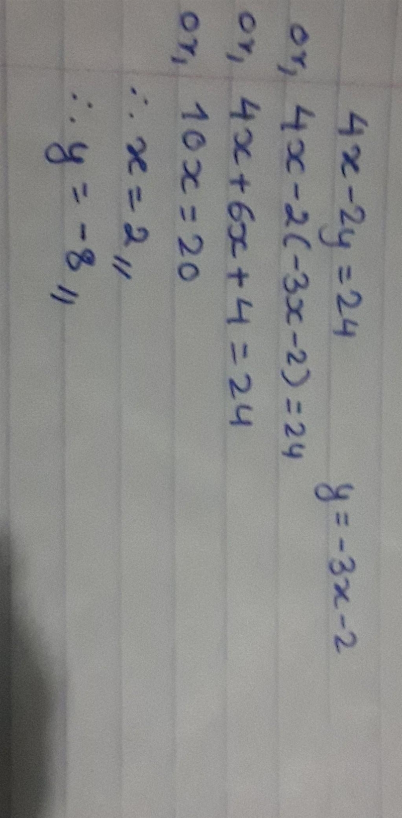 4x - 2y = 24 y=-3x - 2 someone help me?-example-1