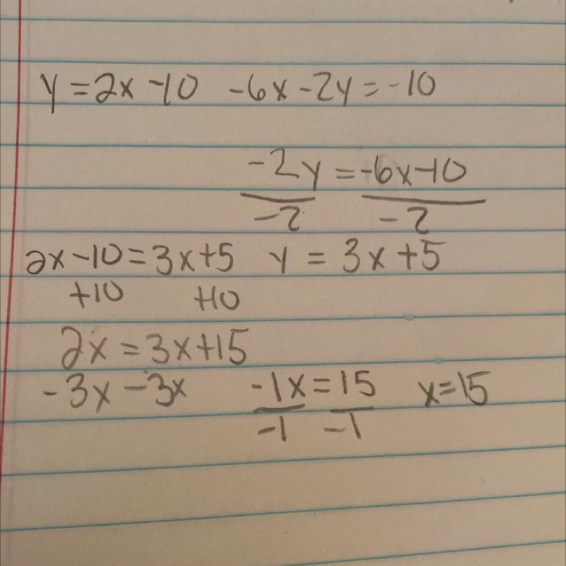 Solve the system by using substitution. y = 2x – 10 and - 6x – 2y = -10-example-1