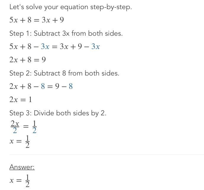 Can you please show me how to calculate this please? 5x + 8 = 3x + 9-example-1