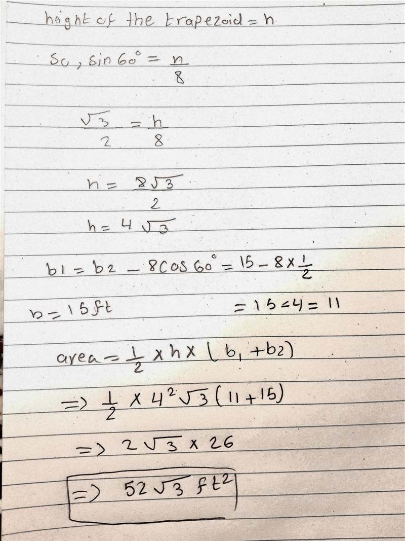 I need help with question 18. The answer is53√3 ft^2. But how do I get there?-example-1