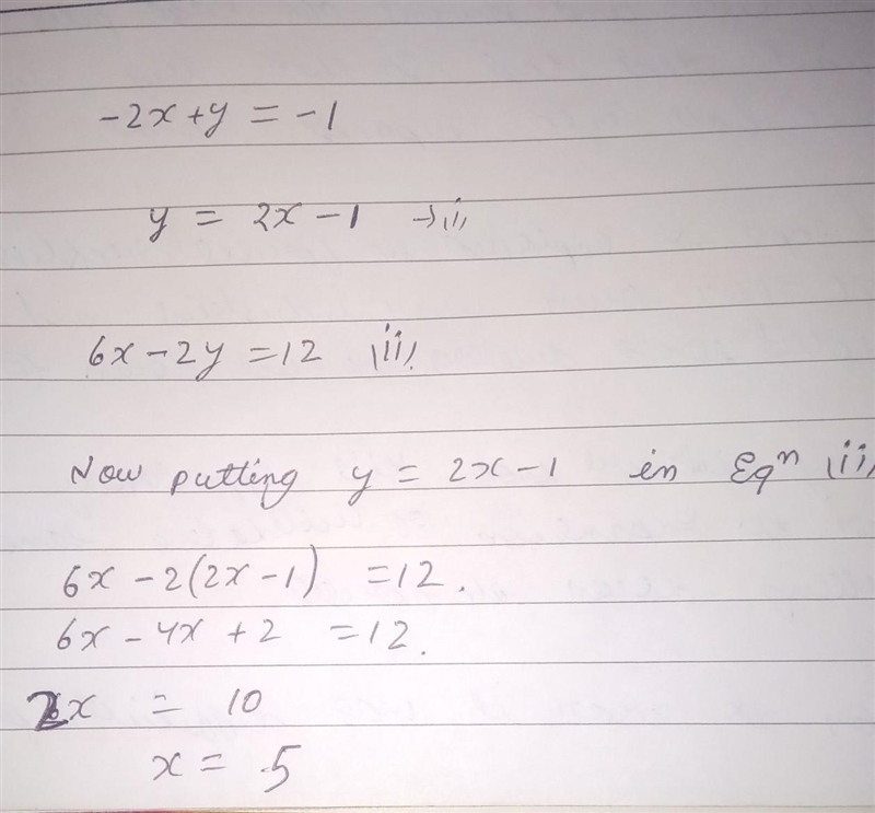 Use substitution to solve the system of equations -2x+y= -1 and 6x-2y = 12. show your-example-1