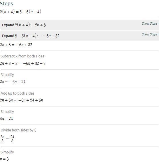 Consider the equation below. 2(n + 4) = 8–6(n-4) Solve the equation for n. A -3 B-example-1