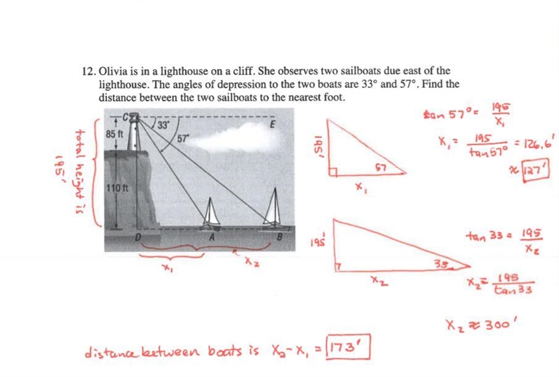 Olivia is in a lighthouse on a cliff. She observes two sailboats due east of the lighthouse-example-1