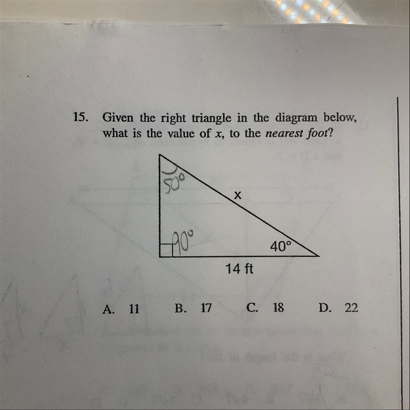 Given the triangle below, what is the measure of x to the nearest foot?-example-1