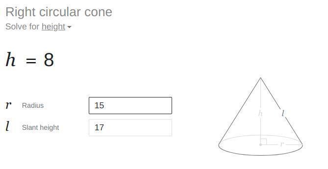 A right cone has a slant height of 17 feet, and the diameter of the base is 30 feet-example-1