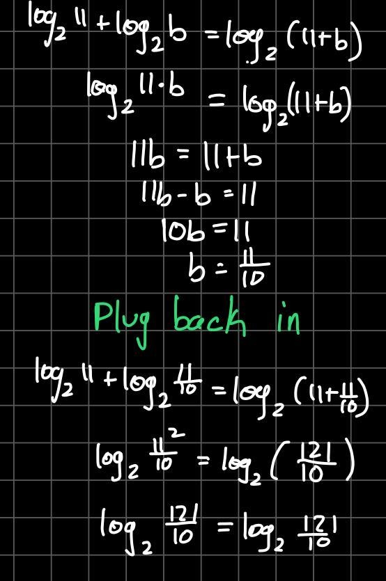 A student mistakenly writes the following in his notes: log2a+log2b=log2(a+b) . However-example-1